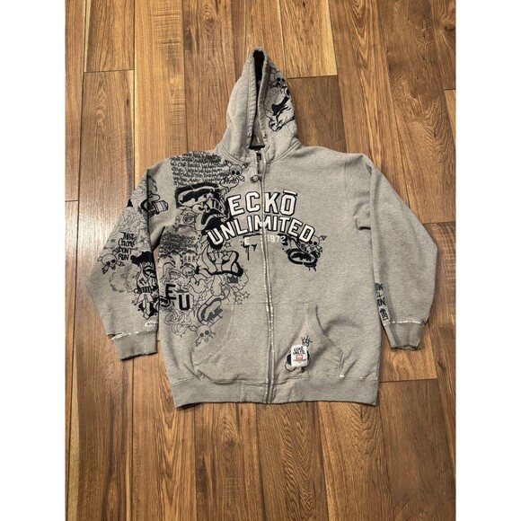 Y2K Ecko UNLTD Hoodie Sweatshirt XL Embroidered AOP Graffiti Grey (SEE PICS!) - Picture 1 of 11